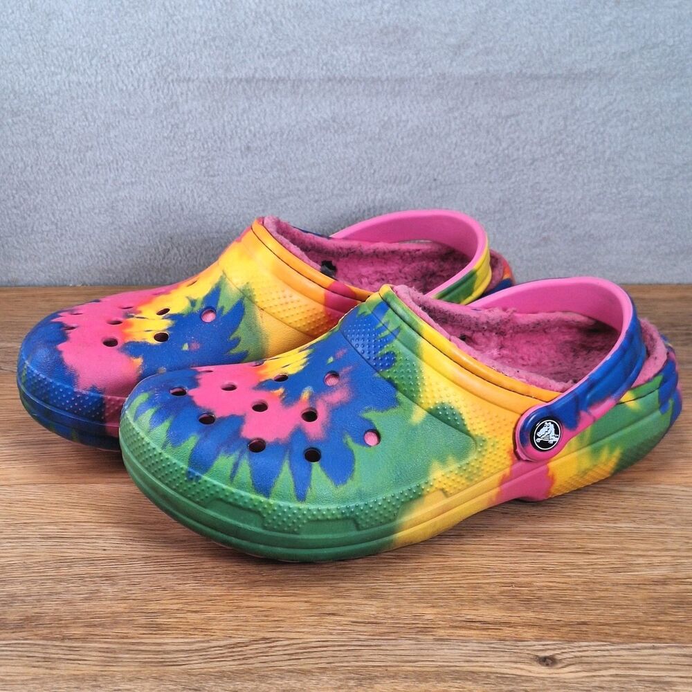 Crocs Unisex Clogs Pink Tie Dye Women's 8 Faux Fur Lined Synthetic